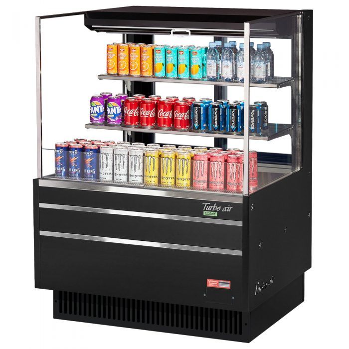 Turbo Air TOM-36L-UFD-B-3S-N, 34-inch 2 Shelf Low Profile Black Open Display Case, Rear Sliding Door