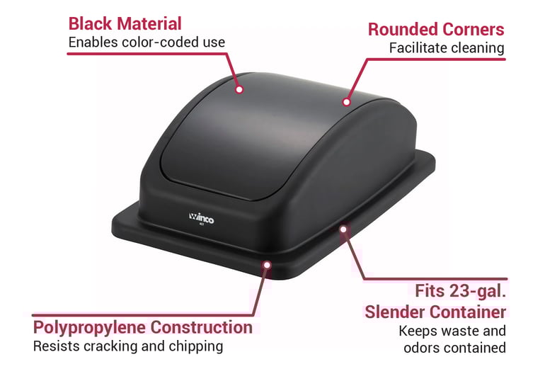 Winco PTCL-23K Rectangle Dome Trash Can Lid - Plastic, Black