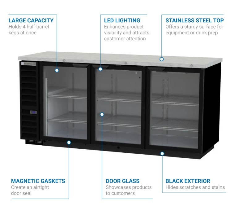 Beverage Air BB78HC-1-G-B 79" Bar Refrigerator - 3 Swinging Glass Doors, Black, 115v