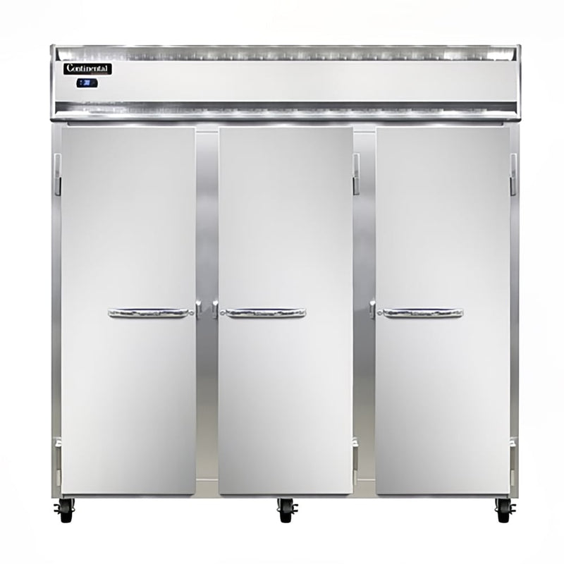 Continental 3RSN 78" Three Section Reach In Refrigerator, (3) Left/Right Hinge Glass Doors, Top Compressor, 115v