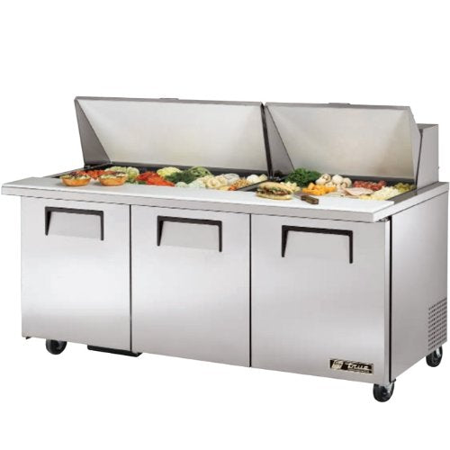 True TSSU-72-30M-B-ST 72" 3 Door Refrigerated Sandwich Prep Table | (30) 1/6 Pan Capacity