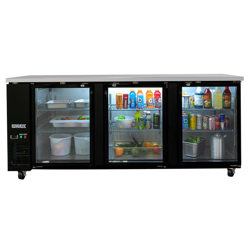 MoTak MBB-3D-90-G 90 3/8" Bar Refrigerator - 3 Swinging Glass Doors, Black, 115v