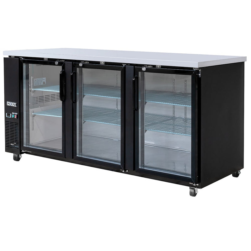 MoTak MBB-3D-90-G 90 3/8" Bar Refrigerator - 3 Swinging Glass Doors, Black, 115v