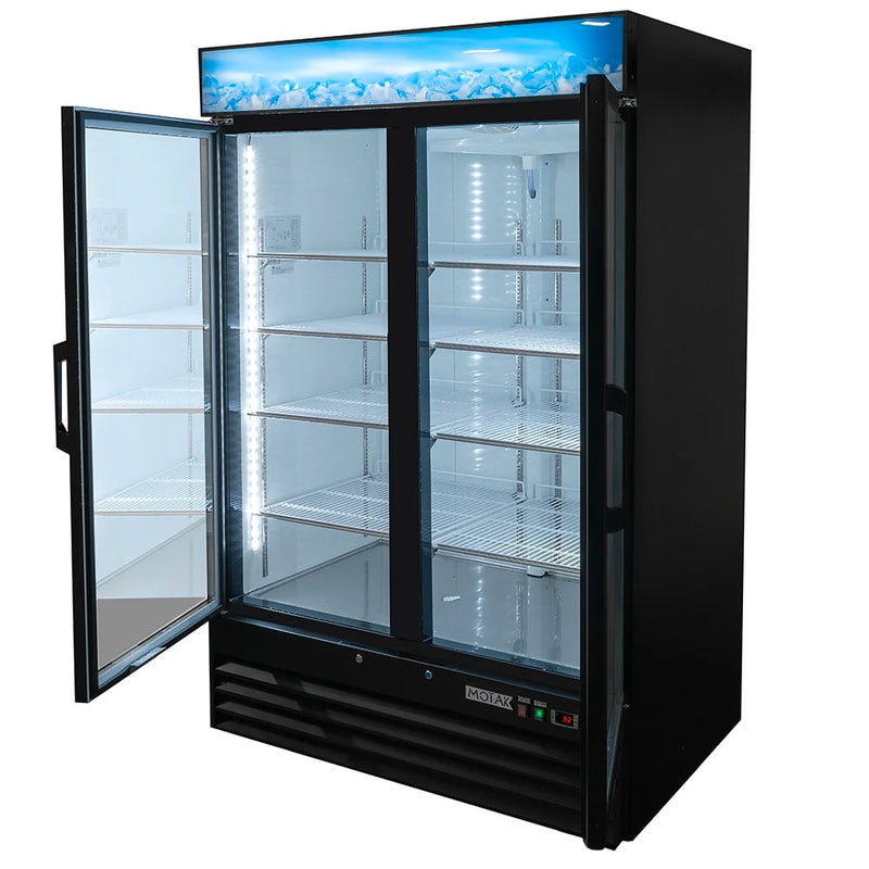 MoTak MGD-2DF-48 54" Two Section Display Freezer w/ Swing Doors - Bottom Mount Compressor, Black, 115v