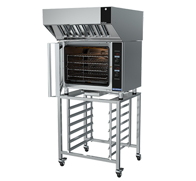 Turbofan E31D4 - Half Size Sheet Pan Digital Electric Convection Oven with Halton Ventless Hood on a Stainless Steel Stand