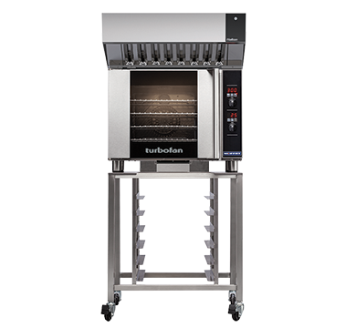 Turbofan E31D4 - Half Size Sheet Pan Digital Electric Convection Oven with Halton Ventless Hood on a Stainless Steel Stand