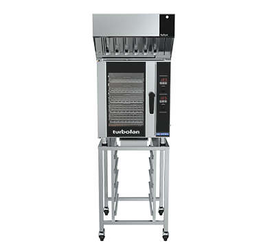 Turbofan E33D5 - Half Size Sheet Pan Digital Electric Convection Oven with Halton Ventless Hood on a Stainless Steel Stand