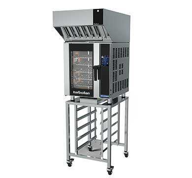Turbofan E33T5 - Half Size Sheet Pan Touch Screen Electric Convection Oven with Halton Ventless Hood on a Stainless Steel Stand
