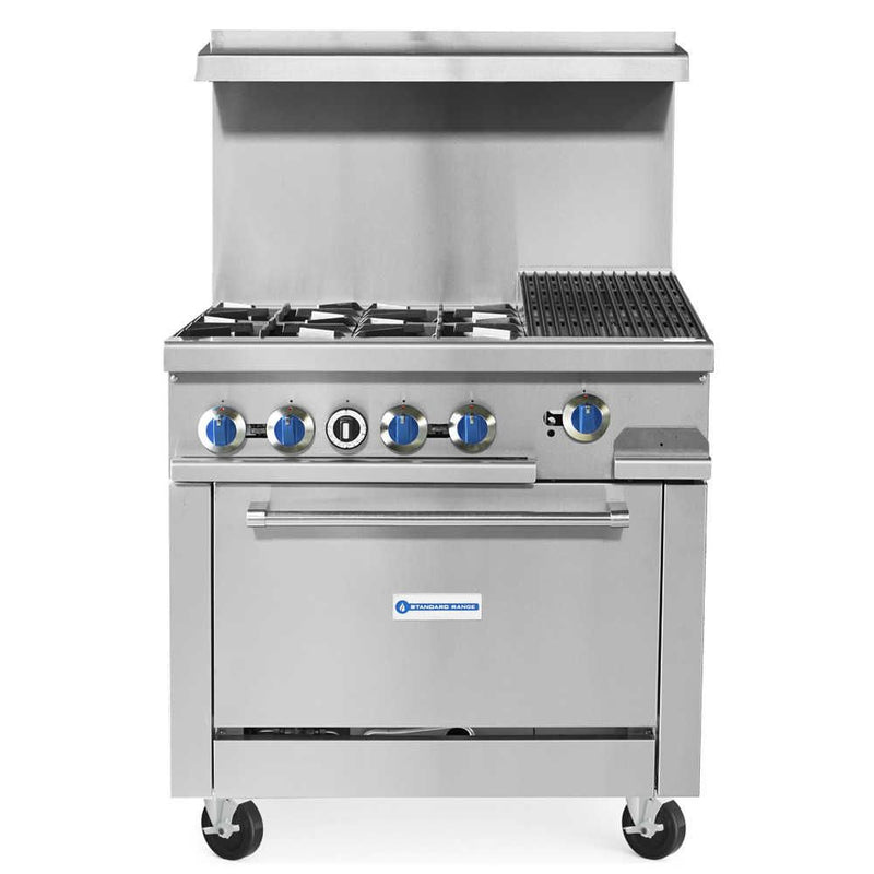 Standard Range SR-R36-12CB, 36-Inch Commercial Gas Range w/ 12-Inch Char-Broiler Top, 4 Burners, 1 Oven
