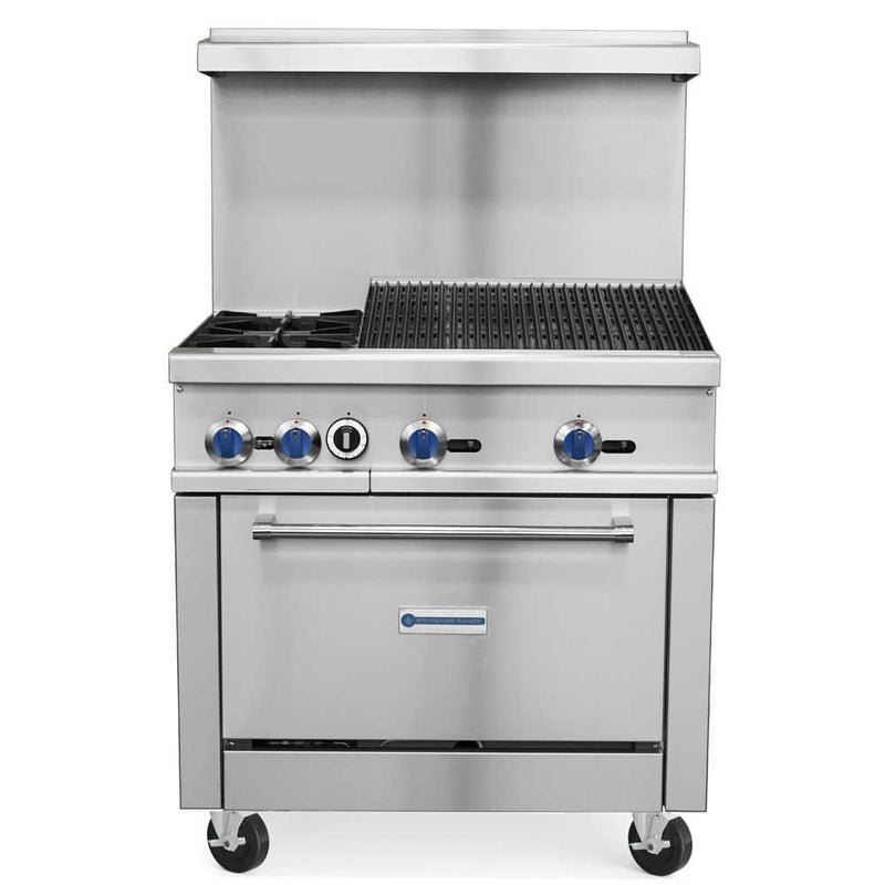 Standard Range SR-R36-24CB, 36-Inch Commercial Gas Range with Char-Broiler Top, 2 Burners, 1 Oven - 163,000 BTU