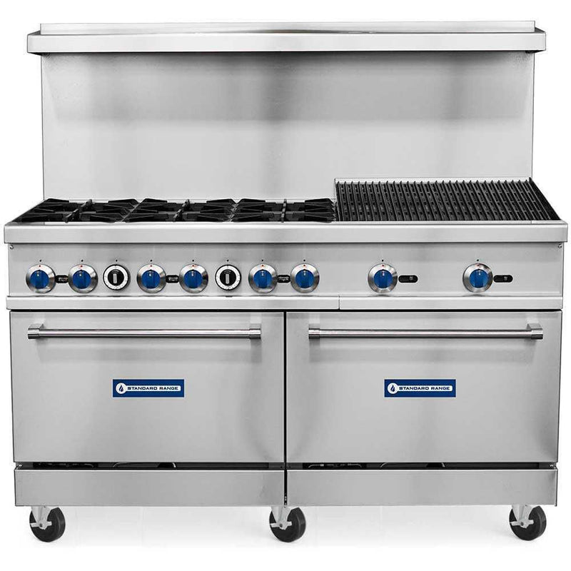 Standard Range SR-R60-24CB, 60-Inch Commercial Gas Range w/ 24-Inch Charbroiler, 6 Burners, 2 Ovens