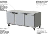Beverage Air WTR72AHC-FLT, 72-Inch 3 Door Counter Height Worktop Refrigerator